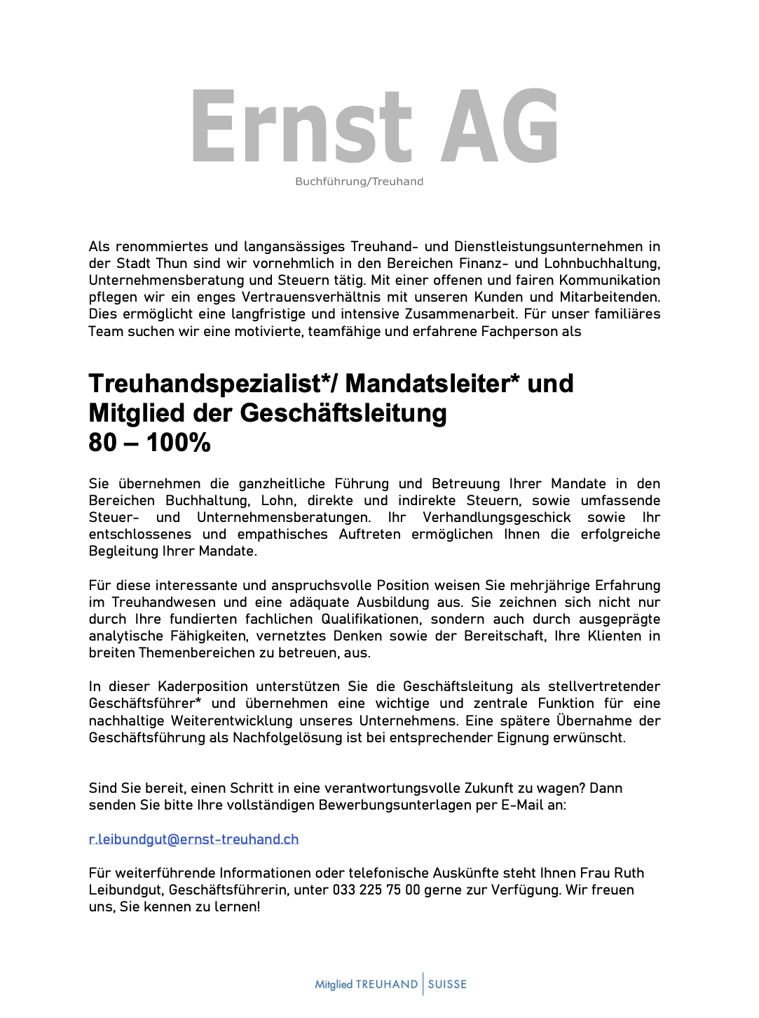 Inserat Mandatsleiter Treuhand Thun